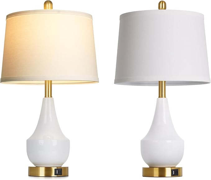 Modern White Table Lamp Set of 2, 24" Ceramic Table Lamp with USB A+C Ports,Classic Beside Lamps Nightstand Lamp Modern Lamp for Living Room, Bedroom & Office -LED Bulbs Included