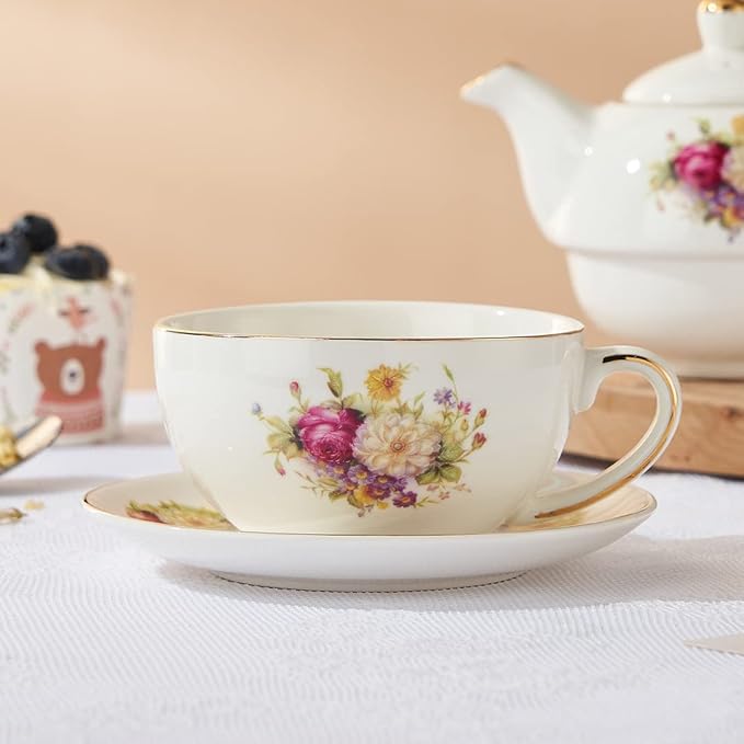 European Porcelain Tea for One, Vintage Floral Teapot and Saucer Set, Gold Trim Floral Teapot, Tea Cup with Saucer Set