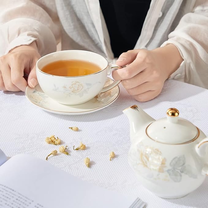 Tea for One Porcelain Teapot and Cup Set, Tea Set for One, Floral Teapot, Gold Rose Tea Set Gift for Women