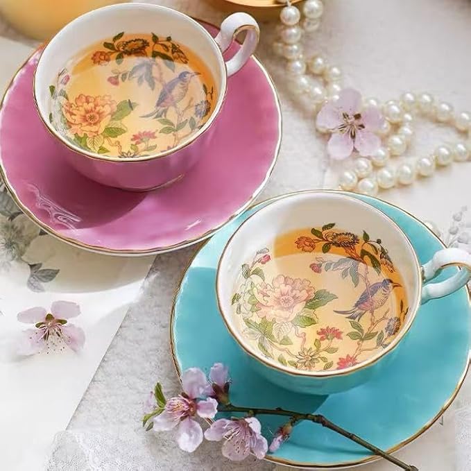 Aynsley Handpainting Colored Glaze Pembroke Oban Fine Bone China English Tea Cup and Saucer Set, 6.1 oz (Pink)