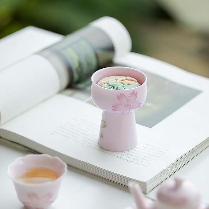 KAMMAK Tea Cups, Porelain Tea Cup Set of 2, 1.8oz Small Ceramic Teacups for Home, Tea Party, Chinese Kungfu Tet Set for Hot/Cold Drink (Pink Cherry Blossoms)