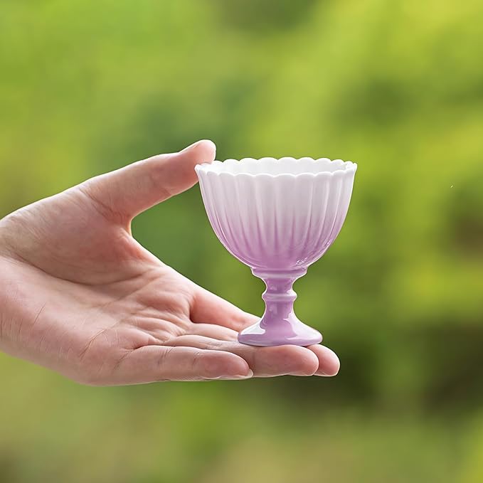 KAMMAK Tea Cup, 1.8oz Small Tea Set of 2, Porcelain Tea Cups with Short Stem, Ceramic Teacups for Home, Tea Party, Chinese Kungfu Tea Set for Hot/Cold Drink (Chrysanthemum - Purple)