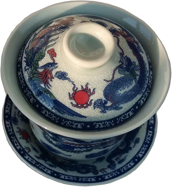 Gaiwan 5.5oz Chinese Teacup Qinghua Porcelain Cup Dragon Phoenix Gongfu Tea Set (Dragon and phoenix)
