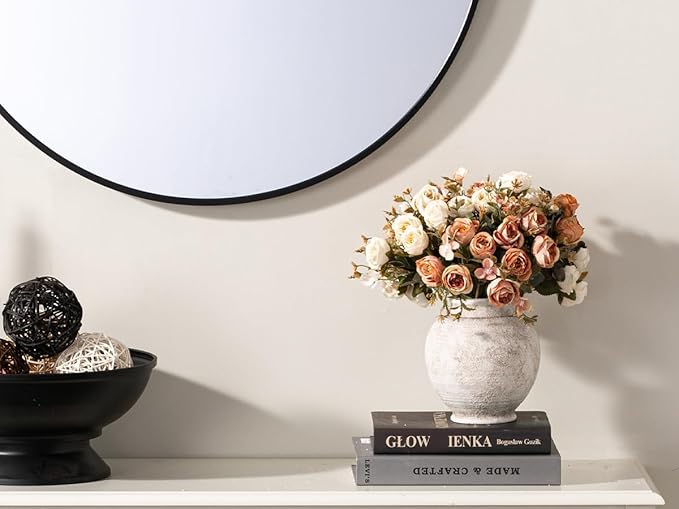 Ceramic Rustic Vase, 6 Inch Small Flower Farmhouse Vase Decorative Vase Short Pottery Vases for Home Decor Table Living Room Entryway Mantel Bookshelf Bedroom Bathroom Kitchen - Rustic White