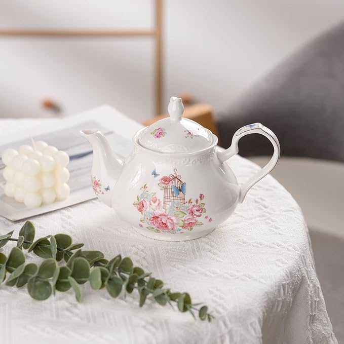 YBK Tech Strengthen Porcelain Coffee Pot Ceramic Teapot- Pink Rose (Teapot)