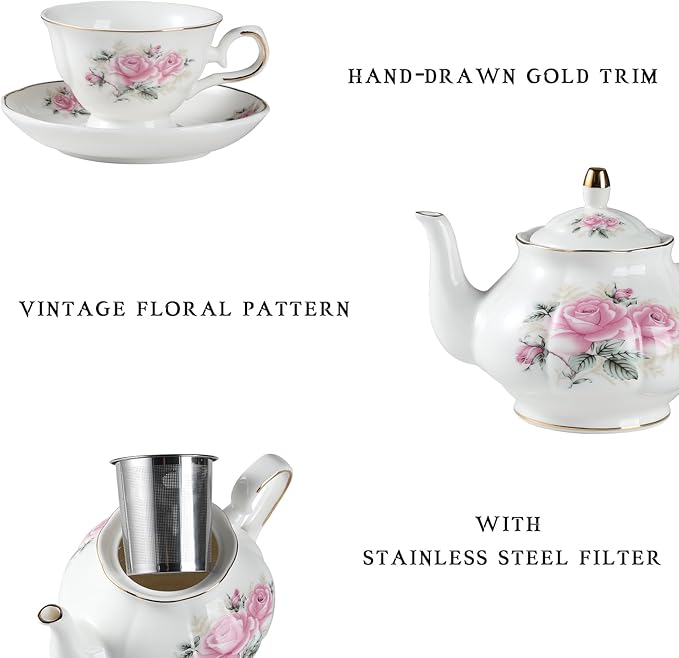 Sweejar Ceramic Teapot with Infuser, Floral Relief Gold Rimmed Teapot, 29 OZ Porcelain Tea Pot for Blooming and Loose Tea, Coffee...(Pink Flower)