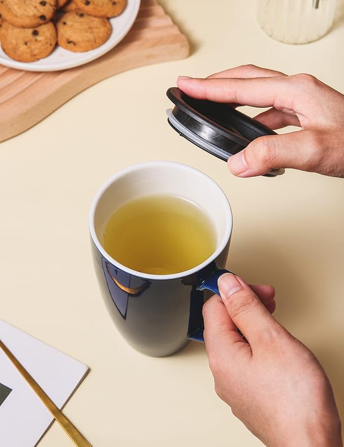 Tea Cup with Infuser and Lid, 17 oz Large Tea Infuser Mug with 2 Lids, Ceramic Teacups for Women, Men, Kids, Loose Leaf, Gifts