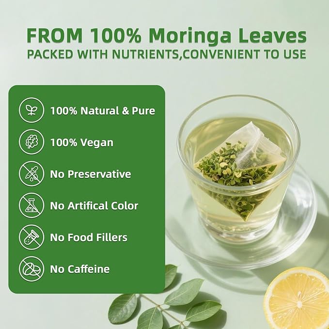 Premium 30 Moringa Leaf Tea Bags, 100% Pure Moringa Leaf Tea.Supports Immunity, Energy & Digestion, No Sugar, No Caffeine, No Gluten, Vegan.