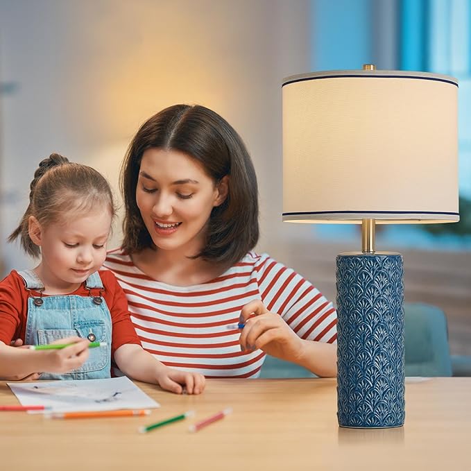 27" Farmhouse Bedside Table Lamp Set of 2, Bule Modern Ceramic Lamps for Living Room, 3 Color Temperature Rustic Table Lamps for Bedroom, Night Stands, Dorm,Office, Home Décor (Bulb Included)