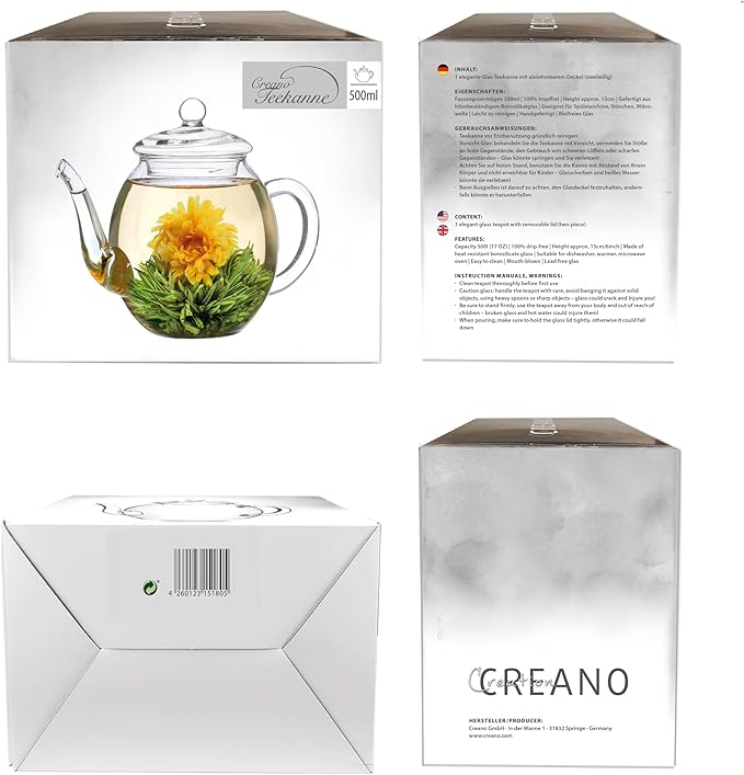 Creano glass teapot 17 oz (500ml), with glass lid, ideal for preparing teaflowers or tea bags, drip-free