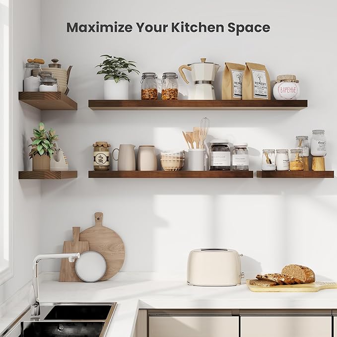 Fun Memories Wood Floating Shelves Set of 2, Rustic Pine Wood Floating Shelves for Wall Mounting, Wide Wall Shelf for Home Decor and Storage, 36" W x 7" D, Walnut