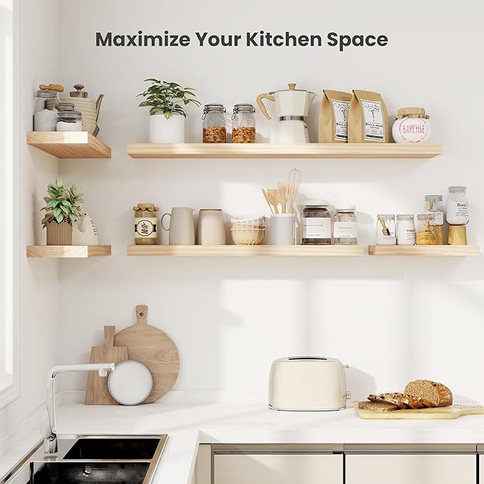 Fun Memories Wood Floating Shelves Set of 2, Rustic Pine Wood Floating Shelves for Wall Mounting, Wide Wall Shelf for Home Decor and Storage, 16" W x 7" D, Natural Unfinished, DIY Stain