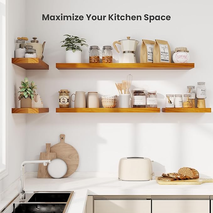 Fun Memories Wood Floating Shelves Set of 2, Rustic Pine Wood Floating Shelves for Wall Mounting, Wide Wall Shelf for Home Decor and Storage, 24" W x 7" D, Honey Oak