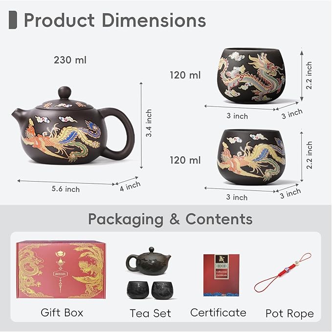 Hand-made Dragon and Phoenix Color-changing Purple Clay Teapot Zisha Tea Pot Kung Fu Tea Set Tea Lover‘s Gift (Teapot+2*Cups)