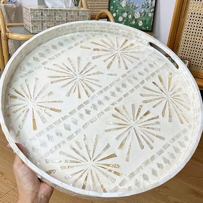 i-lan 18-Inch Round Mother of Pearl Inlay Serving Tray – White Decorative Coffee Table Tray with Handles for Food, Catering, Display & Home Décor (XXL)