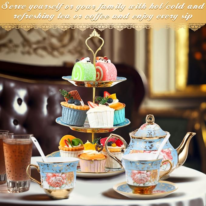 Maxcheck 21 Pcs Tea Party Set for Adults European Floral Tea Set with Metal Holder and 3 Tier Ceramic Cake Stand Porcelain Flower Cup Teapot for Dessert Cupcake(Advanced Style)