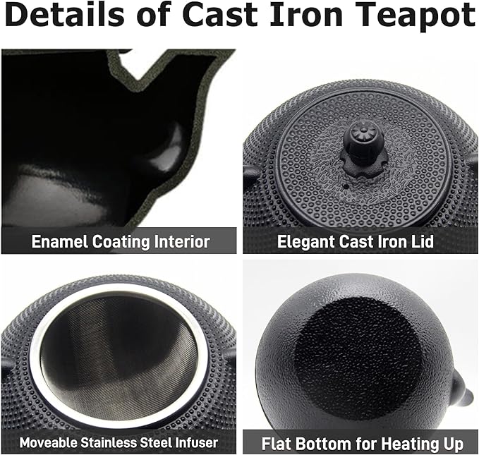 YJX 40.6oz Cast Iron Teapot Set with Warmer, Japanese Tea Set for Stovetop, 1200ml Black Tea Pot and Tea Cups Set, Tea Kettle with Infuser for Loose Leaves, Enameled Asian Teapot Sets for Adults