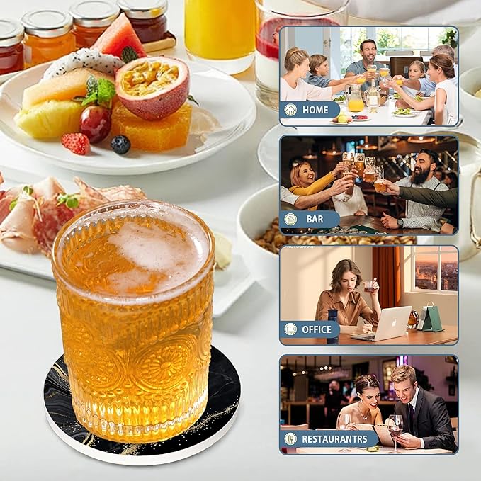 Coasters Set of 4, Black Marble Golden Glitter Ceramic Coasters with Cork Bottom for Kinds of Mugs and Cups, Home Decor, 4''