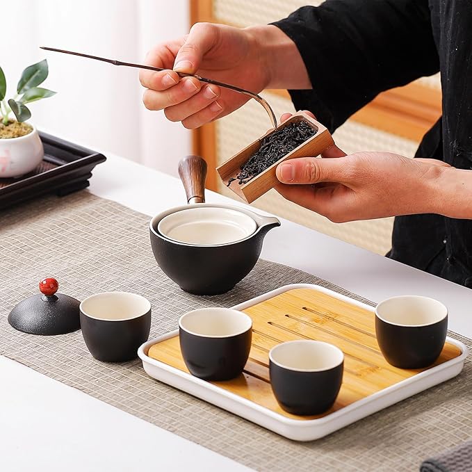 Chinese tea set Gongfu tea set, Portable Teapot Set with 360 Rotation Tea maker and Infuser,chinese kung fu tea set Japanese tea set All in One leather Bag (4cups-Black)