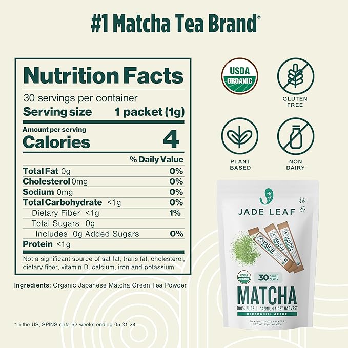 Jade Leaf Matcha Organic Premium Ceremonial Grade Matcha Green Tea Powder - Japanese - Culinary, Ingredient, Ceremonial Barista Teahouse, Latte, Collagen, 0.04 Ounce (Pack of 30), Ceremonial Matcha