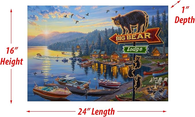 Rivers Edge Products LED Canvas Wall Art, 24 by 16 Inches, Fiber Optic Light Up Wall Decor, Battery Operated Lighted Nature Canvas Print, LED Light Kitchen, Bedroom, or Home Decor, Big Bear Lodge