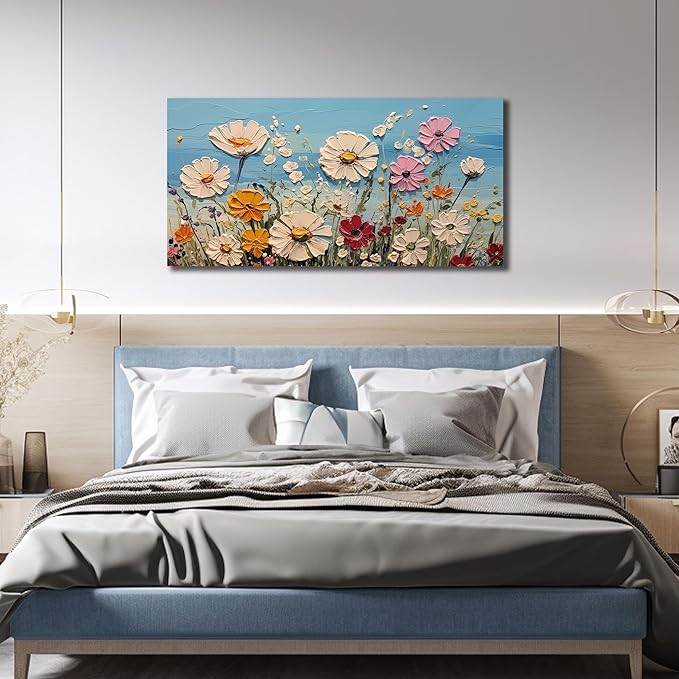 Colorful Floral Canvas Wall Art - Abstract Flower Pictures with Blue Background for Living Room Bedroom Office Wall Decor, Horizontal Printed Painting Artwork Home Decorations, Size 48x24 Inches