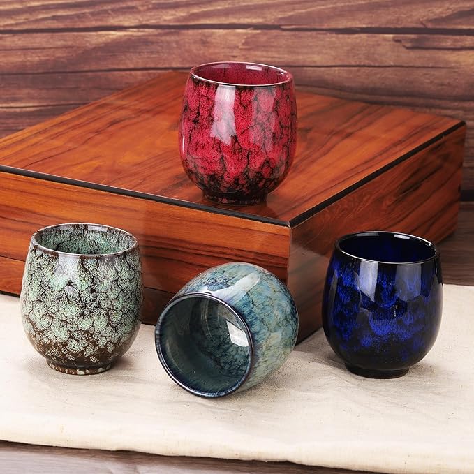 HARFINGTON 4pcs Chinese Ceramic Teacups 5.41oz Traditional Gong Fu Tea Set Japanese No Handle Small Tea Cup for Mate Tea Coffee Wine Drinks, Sapphire Blue