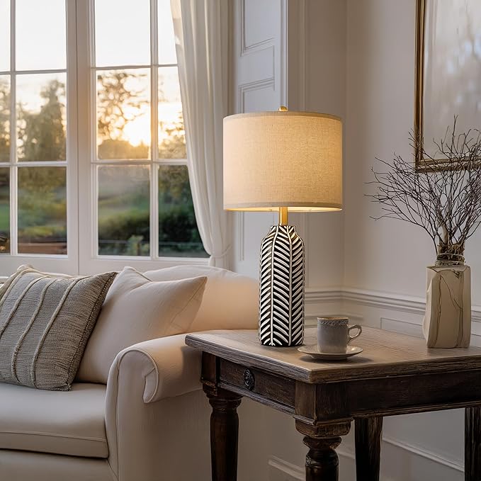 BOBOMOMO 26" Farmhouse Black Table Lamps Set of 2 – Rustic Resin Lamps with Vintage Leaf Pattern and Linen Shades, Black Bedside Lamps for Bedroom, Living Room, Office, Entryway, Console Table