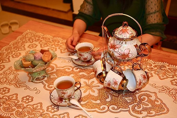 20 Pieces Porcelain Tea Set With Metal Holder, European Ceramic tea set for adults,Flower Tea Set,Tea Set For Women With Flower Painting (Large version, White)