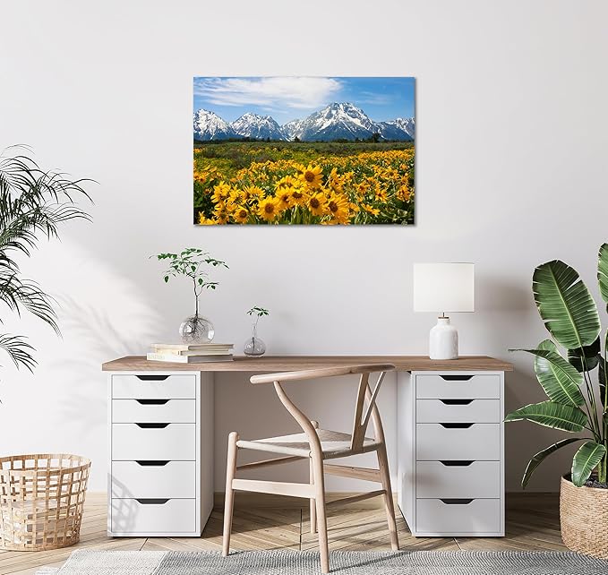 SKASNFAI Mountain Office Picture Wall Decor Sunflower Landscape Living Room Wall Art, Grand Teton Posters Print Artwork for Walls (16L x 24W)