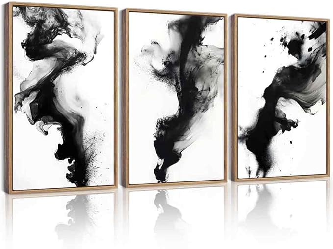 KUVIOKE Black White Abstract Framed Canvas Wall Art Ink Wash Pastel Wall Decor Modern Rendering Illustration Art Painting for Bedroom Dining Room 16x24in (Natural Framed)