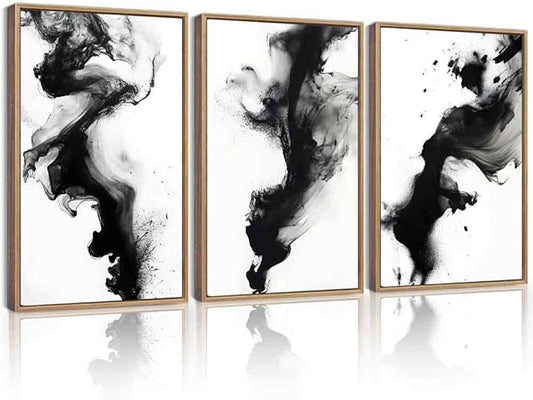 KUVIOKE Black White Abstract Framed Canvas Wall Art Ink Wash Pastel Wall Decor Modern Rendering Illustration Art Painting for Bedroom Dining Room 16x24in (Natural Framed)