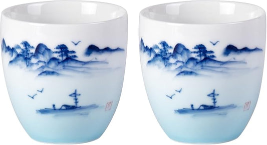 KAMMAK Tea Cup, 4oz Small Tea Cups Set of 2, White Porcelain Tea Cup Set for Home, Party, Office, Ceramic Teacups, Chinese Kungfu Tea Set for Hot/Cold Drink (Gradient Landscape)