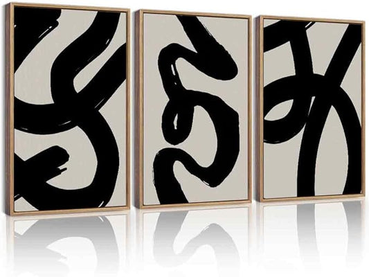 KUVIOKE Black Abstract Framed Wall Art Ink Wash Minimalist Lines Canvas Painting Artwork for Bedroom Hallway 16x24in (Natural Framed)