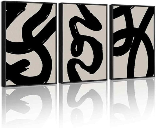KUVIOKE Black Abstract Framed Wall Art Ink Wash Minimalist Lines Canvas Painting Artwork for Bedroom Hallway 12x16in (Black Framed)
