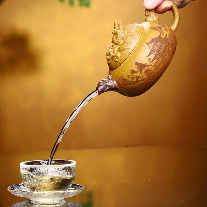 Genuine Yixing Clay Teapot 12 Oz, Chinese Handmade Golden Yellow Clay Zisha Tea Pot,Infuse Brew Kung Fu Tea Maker -Dragon