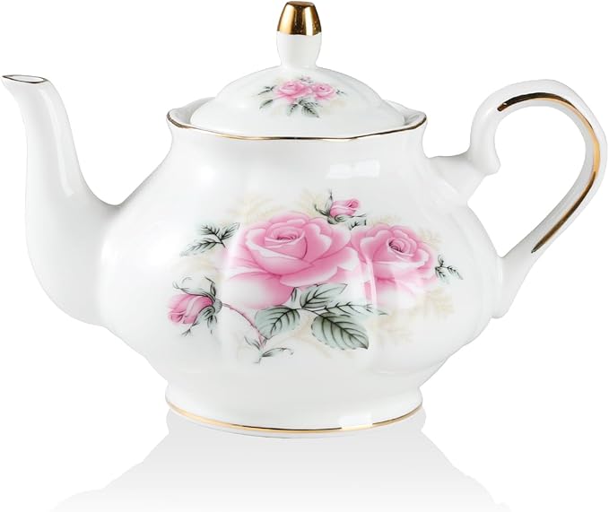 Sweejar Ceramic Teapot with Infuser, Floral Relief Gold Rimmed Teapot, 29 OZ Porcelain Tea Pot for Blooming and Loose Tea, Coffee...(Pink Flower)