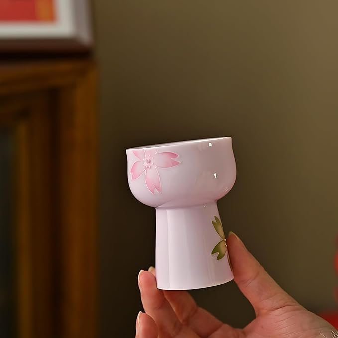 KAMMAK Tea Cups, Porelain Tea Cup Set of 2, 1.8oz Small Ceramic Teacups for Home, Tea Party, Chinese Kungfu Tet Set for Hot/Cold Drink (Pink Cherry Blossoms)