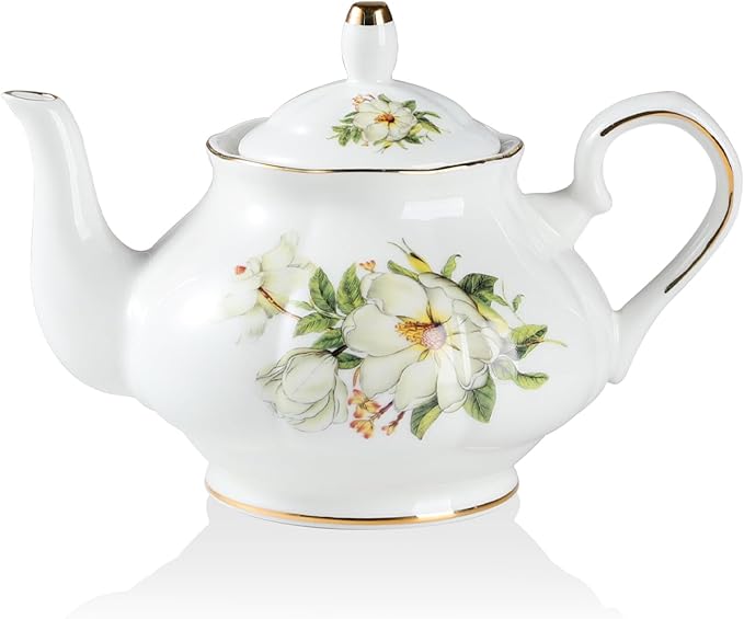 Sweejar Ceramic Teapot with Infuser, Floral Relief Gold Rimmed Teapot, 29 OZ Porcelain Tea Pot for Blooming and Loose Tea, Coffee...(Camellia)