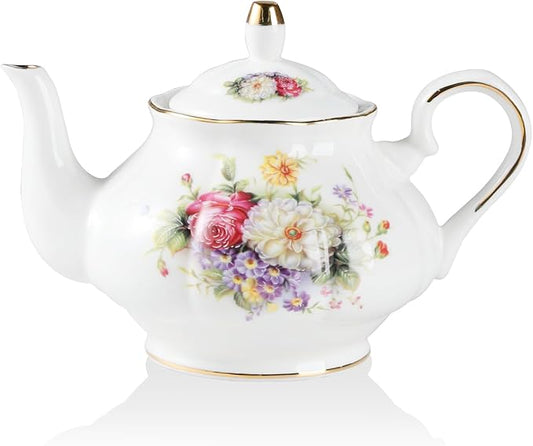 Sweejar Ceramic Teapot with Infuser, Floral Relief Gold Rimmed Teapot, 29 OZ Porcelain Tea Pot for Blooming and Loose Tea, Coffee...(Flower Style)