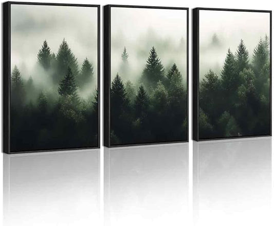 KUVIOKE Morden Green Fog Pine Tree Framed Canvas Wall Art Nature Nordic Forests Artwork Painting Bedroom Decor 12x16in (Black Framed)