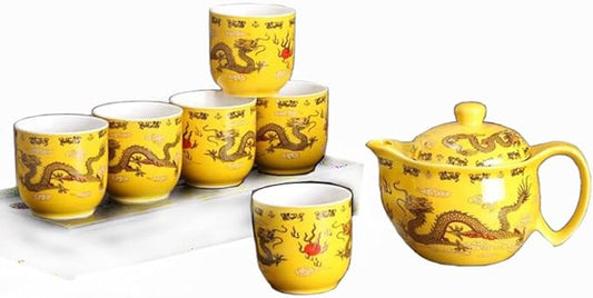 Ceramic Teapot With 6 Tea Cups Stainless Filter Wire Infuser for Home Office Tea Set (Dragon)
