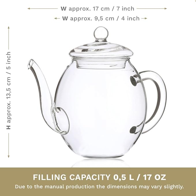Creano glass teapot 17 oz (500ml), with glass lid, ideal for preparing teaflowers or tea bags, drip-free