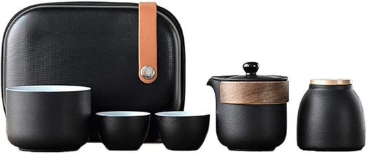 Chinese Tea Set, Ceramic Tea Cup Set, Wood Handle Tea Pot, Black Glaze, with Tea Caddy and Portable Bag