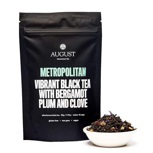 August Uncommon Metropolitan – Bergamot Plum Earl Grey Black Tea – Handcrafted Loose Leaf Tea for Daily Enjoyment – Smooth and Aromatic with Bright Citrus Notes – Convenient Resealable Pouch (1.8oz)