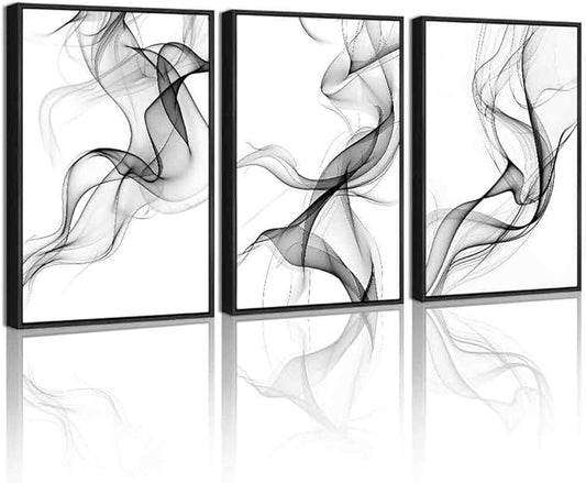 KUVIOKE Black White Abstract Framed Canvas Wall Art Ink Wash Pastel Wall Decor Modern Transparent Fog Illustration Art Painting for Bedroom Dining Room 12x16in (Black Framed)