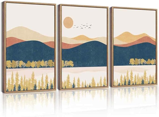 KUVIOKE Bohemain Mountain Landscape Framed Canvas Wall Art Watercolor Nature Artwork Painting Boho Farmhouse Rustic Room Decor for Bedroom Living Room 16x24in (Natural Framed)