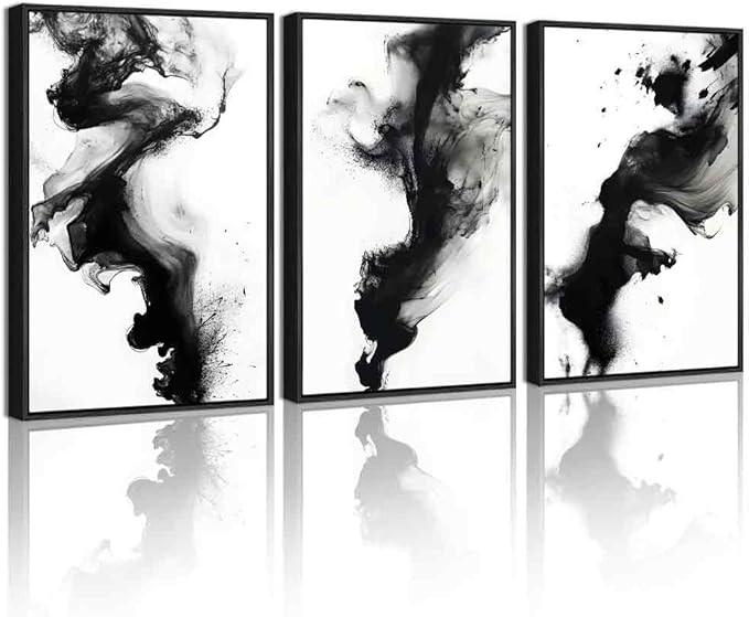 KUVIOKE Black White Abstract Framed Canvas Wall Art Ink Wash Pastel Wall Decor Modern Rendering Illustration Art Painting for Bedroom Dining Room 12x16in (Black Framed)