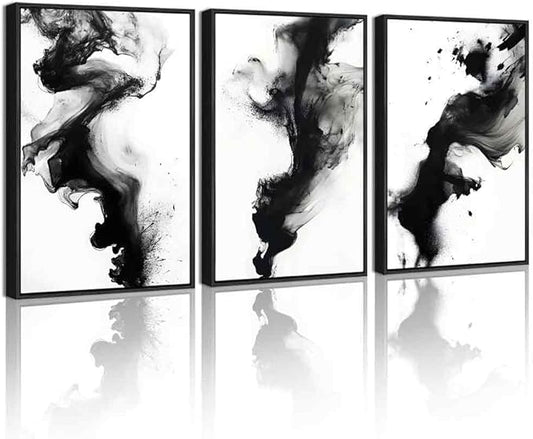 KUVIOKE Black White Abstract Framed Canvas Wall Art Ink Wash Pastel Wall Decor Modern Rendering Illustration Art Painting for Bedroom Dining Room 12x16in (Black Framed)
