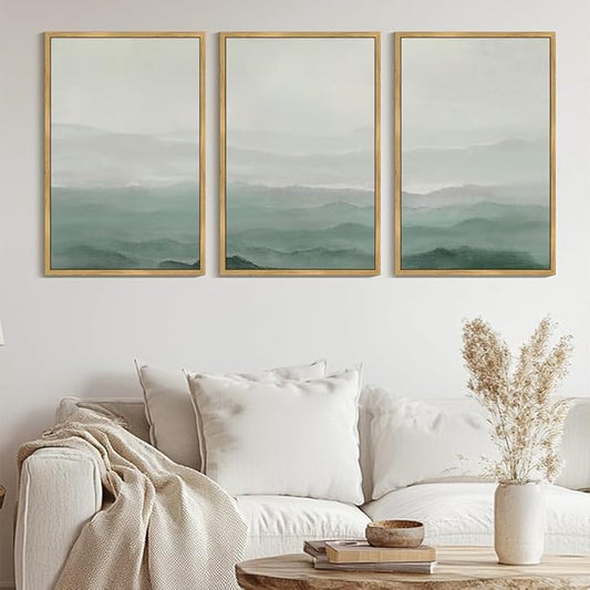 KUVIOKE Green Watercolor Mountains in Fog Framed Canvas Wall Art Wilderness Nature Landscape Artwork Painting Boho Rustic Scenic Relax Cool Room Decor for Bedroom Living Room 24x36in (Natural Framed)
